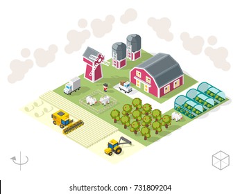 Set of Isolated Isometric Minimal City Elements . Farm with Shadows on White Background