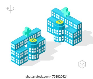 Set of Isolated Isometric Minimal City Elements . Hospital with Shadows on White Background