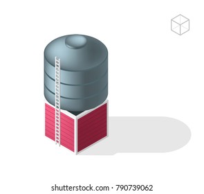 Set of Isolated Isometric Minimal City Elements. Silo with Shadows on White Background