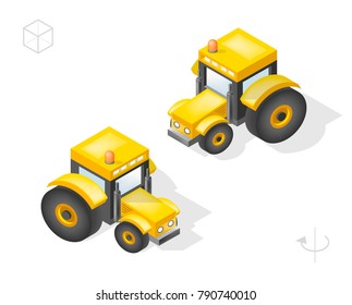 Set of Isolated Isometric Minimal City Elements . Tractor with Shadows on White Background