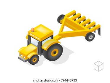 Set of Isolated Isometric Minimal City Elements . Tractor with Shadows on White Background
