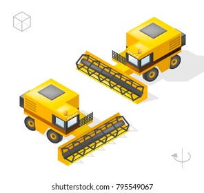 Set of Isolated Isometric Minimal City Elements . Harvester with Shadows on Transparent 