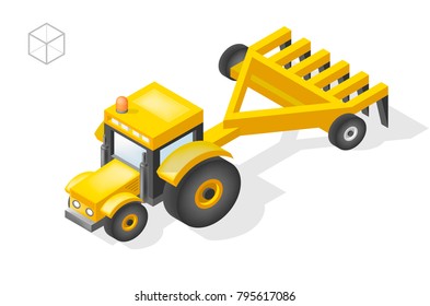 Set of Isolated Isometric Minimal City Elements . Tractor with Shadows on White Background