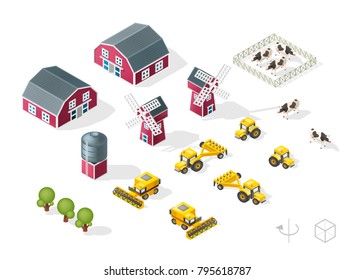 Set of Isolated Isometric Minimal City Elements . Farm with Shadows on White Background