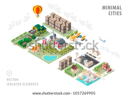 Set of Isolated Isometric Minimal City Maps . Elements with Shadows on White Background