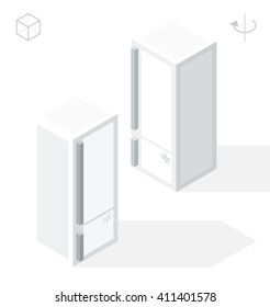 Set of Isolated Isometric Minimal Kitchen Elements. Fridge with Shadows on White Background.