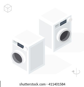 Set of Isolated Isometric Minimal Kitchen Elements. Washing Machine with Shadows on White Background.