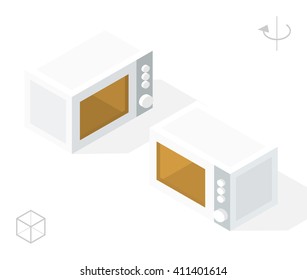 Set of Isolated Isometric Minimal Kitchen Elements. Microwave with Shadows on White Background.