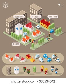 Set of Isolated Isometric Minimalistic City Elements. Town with Shadows.
