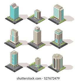 Set Of Isolated Isometric Office Buildings From Concrete And Glass With Environmental And Road Infrastructure Vector Illustration 