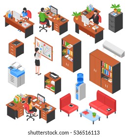 Set of isolated isometric office workplace elements with colorful furniture tables business machines and people characters vector illustration