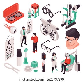 Set with isolated isometric ophthalmology icons and images of eye lens care products and people vector illustration