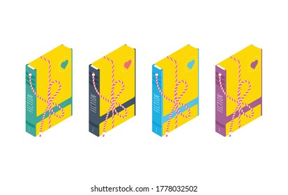 Set of isolated isometric packed book in modern flat style. Charity recycle gift. New life for used book concept. Book is the best gift. Vector Illustration 
