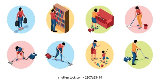 Set of isolated isometric people cleaning home round compositions with family member characters in colorful circles vector illustration