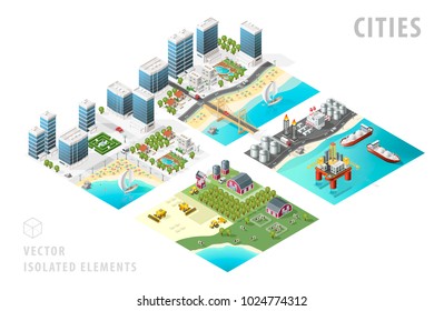 Set of Isolated Isometric Realistic City Maps. Elements with Shadows on White Background