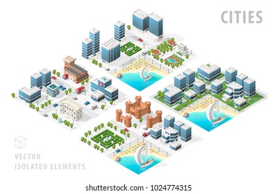 Set of Isolated Isometric Realistic City Maps. Elements with Shadows on White Background