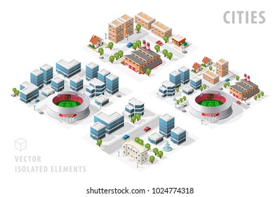 Set of Isolated Isometric Realistic City Maps. Elements with Shadows on White Background