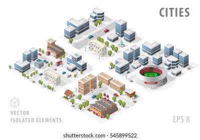 Set von isolierten isometrischen realistischen Stadtplänen. Elemente mit Schatten auf weißem Hintergrund.