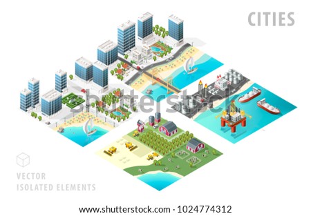 Set of Isolated Isometric Realistic City Maps. Elements with Shadows on White Background