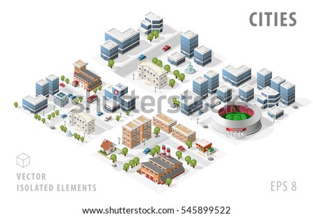 Set of Isolated Isometric Realistic City Maps. Elements with Shadows on White Background.