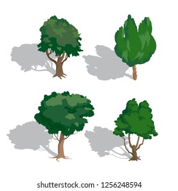 set of Isolated isometric realistic green plant tree for decoration on garden art platform.