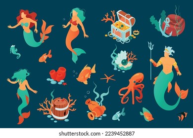 Set with isolated isometric underwater world mermaid icons with faceless characters sea weed and floating fishes vector illustration