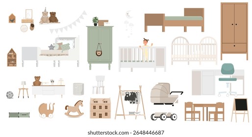 Um conjunto de itens isolados para um quarto infantil: camas, carrinhos de bebê, mesas, roupeiros, brinquedos.