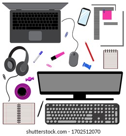 Set of isolated items on white background for creating a flat lay illustrations about freelancing, distance education. Laptop and computer, mobile phone, cup of coffee and stationery.
