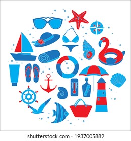 A set of isolated items of summer vacation at the sea in a cartoon style in blue and red colors. Vector illustration