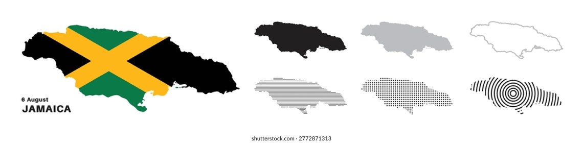 Set of isolated jamaica maps. jamaica flag overlaid with flag proportions. Maps and traveling around the world