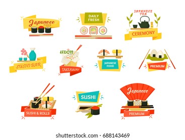Set of isolated japanese sushi and rolls with wooden chopsticks, uramaki with wasabi sause, makizushi and tea kettle with cups for ceremony, udon soup or rice noodle. Seafood restaurant kitchen