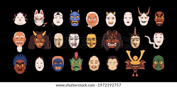 Set of isolated Japanese theatrical Noh masks.\
Japan festival heads of god, devils, demons and monsters. Colored\
flat graphic vector illustration of hannya, hyottoko, kabuki,\
kitsune, kyogen and okame