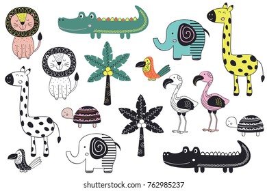 set of isolated jungle animals in Scandinavian style - vector illustration, eps
