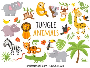 Set Of Isolated Jungle Animals And Tropical Plants  -  Vector Illustration, Eps