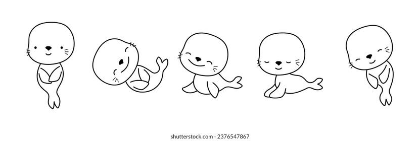 Set of Isolated Kawaii Seal Coloring Page. Cute Vector Kawaii Animals Outline. Collection of Cute Vector Baby Seal Outline for Stickers, Baby Shower, Coloring Book, Prints for Clothes. 