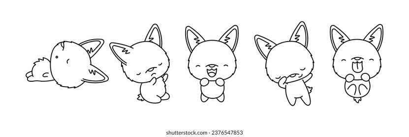 Set of Isolated Kawaii Welsh Corgi Dog Coloring Page. Cute Vector Kawaii Dog Outline. Collection of Cute Vector Baby Corgi Outline for Stickers, Baby Shower, Coloring Book, Prints for Clothes. 