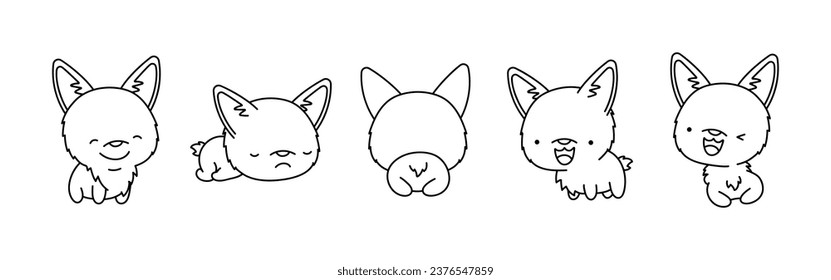 Set of Isolated Kawaii Welsh Corgi Dog Coloring Page. Cute Vector Kawaii Dog Outline. Collection of Cute Vector Baby Corgi Outline for Stickers, Baby Shower, Coloring Book, Prints for Clothes. 