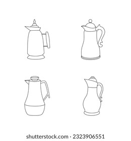 Set von isolierten Ketteln, islamische Teelöffel, arabischer Krug, Kaffeekanne. Küche, Kunst - Vektorgrafik