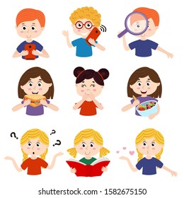 conjunto de niños aislados con diferentes acciones - ilustración vectorial, pasos    