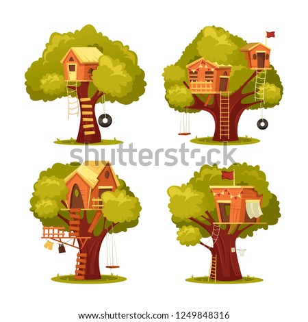 Set Isolated Kids House On Tree Stock Vector Royalty Free