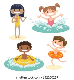 Set of isolated kids playing at the beach. A black girl eating an ice-cream, a brown hair girl playing in the water, a black boy with a swimming float and a dark boy wearing a swimming float.