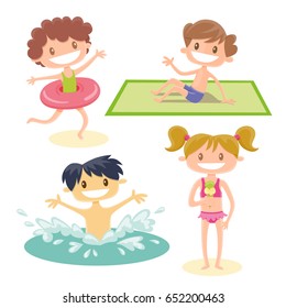 Set of isolated kids playing at the beach. A brown hair girl wearing a swimming float, a brown hair boy sitting on his towel, a chinese boy playing in the water and a blonde girl eating an ice-cream.