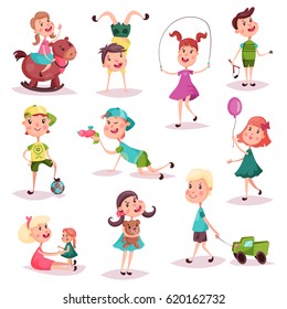 Set of isolated kids at playing with soccer ball and toy lorry or truck, alien gun and teddy bear, doll and balloon, pony or horse. Schoolkids or children, boy and girl,game and childhood action theme