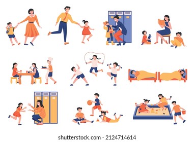 Set with isolated kindergarten icons with play equipment and children characters with nursery teacher and toys vector illustration