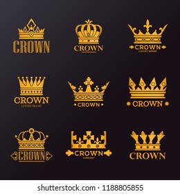 Set of isolated king or queen crowns for brand, vintage or retro headdress for company quality sign, jewelry business advertising. Heraldry and ads, medieval and coronation, monarchy theme