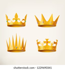 Set of isolated king and queen crowns, golden royal headdress and 3d diadem icons, prince or princess tiara, monarch head item. Heraldry and medieval, emperor coronation, imperial theme