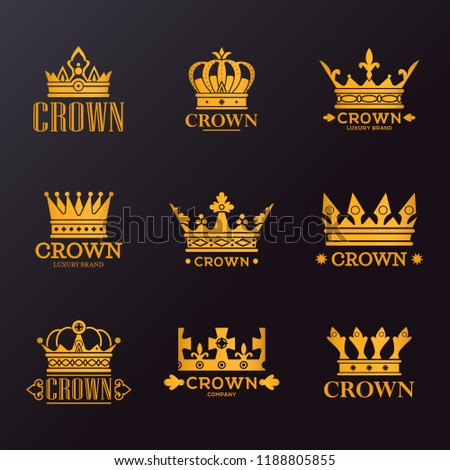 Set of isolated king or queen crowns for brand, vintage or retro headdress for company quality sign, jewelry business advertising. Heraldry and ads, medieval and coronation, monarchy theme