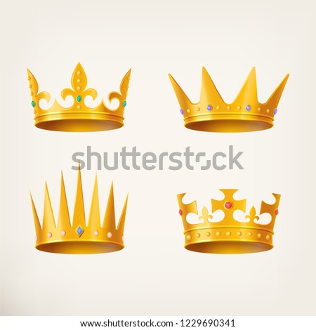 Set of isolated king and queen crowns, golden royal headdress and 3d diadem icons, prince or princess tiara, monarch head item. Heraldry and medieval, emperor coronation, imperial theme