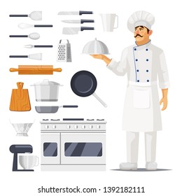 Set of isolated kitchen utensil and cook with hat and apron. Knife and spoon cutlery, cup dish and grater, pan and rolling pin, whisk and scraper, oven, saucepan. Culinary and food prepare, restaurant