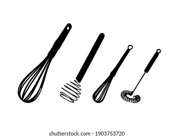set of isolated kitchen whisks. black vector white background. preparation of confectionery and food.